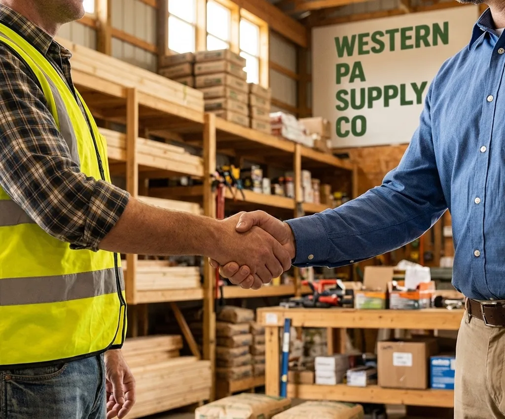 Contractor and store employee shaking hands in Western PA Supply warehouse