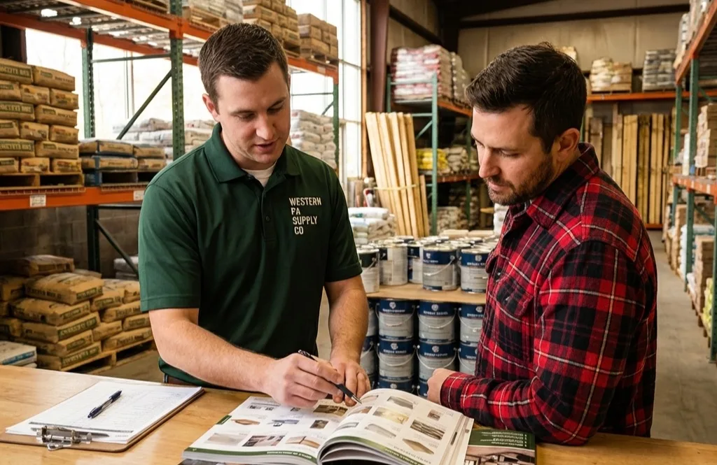Store employee showing product samples and specs to a contractor